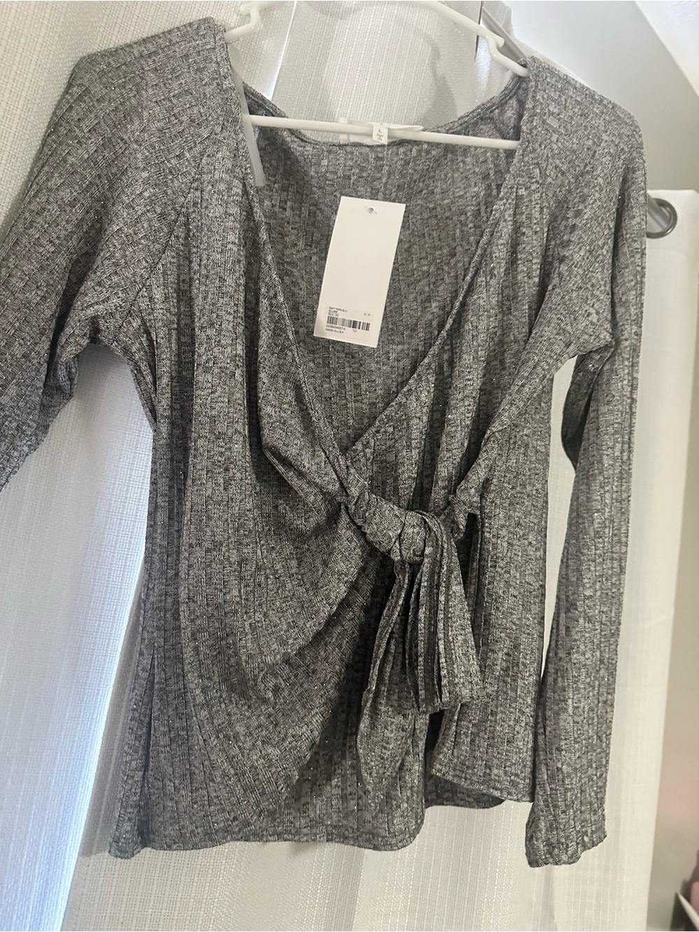 Silver sparkly Ribbed Wrap-Front Long-Sleeve Blouse